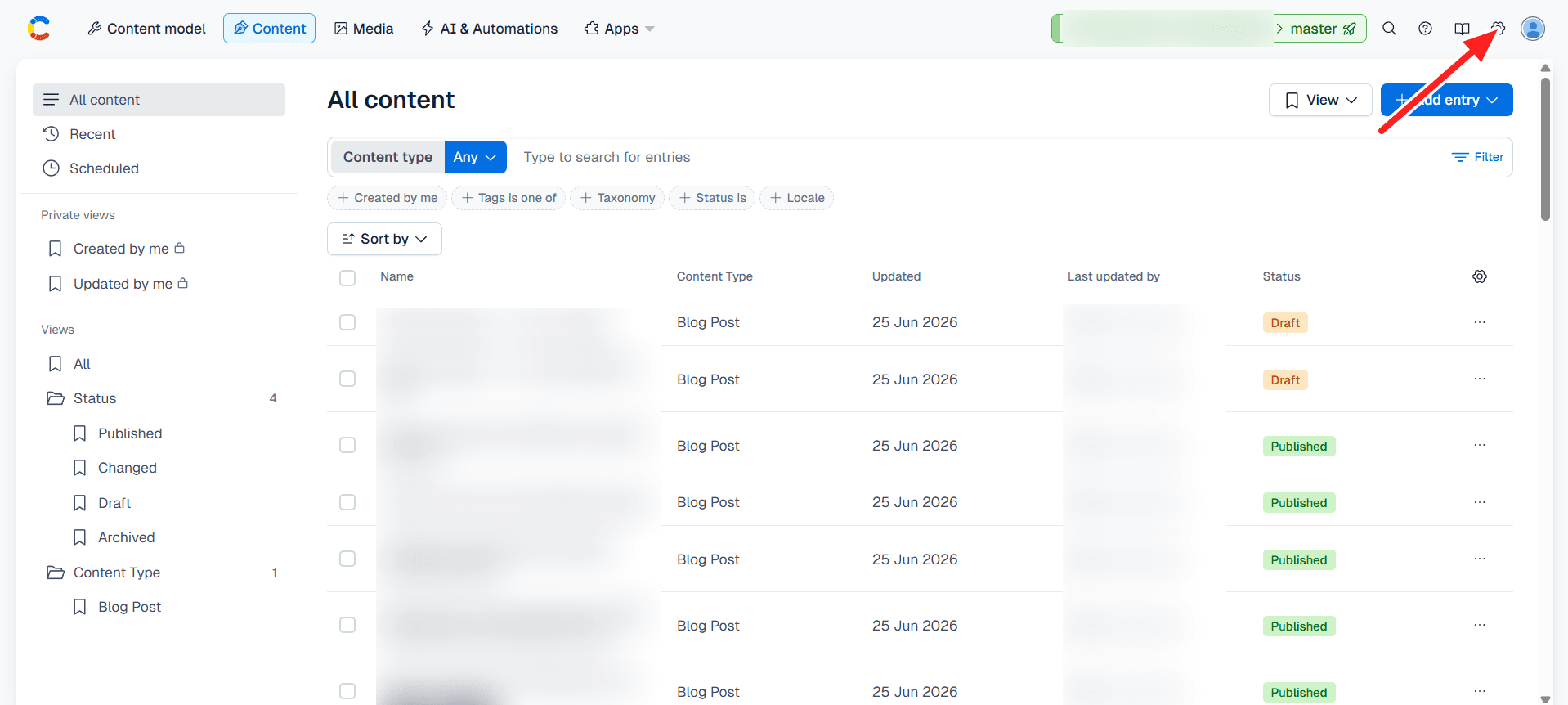 Contentful, open the Settings menu with the gear icon