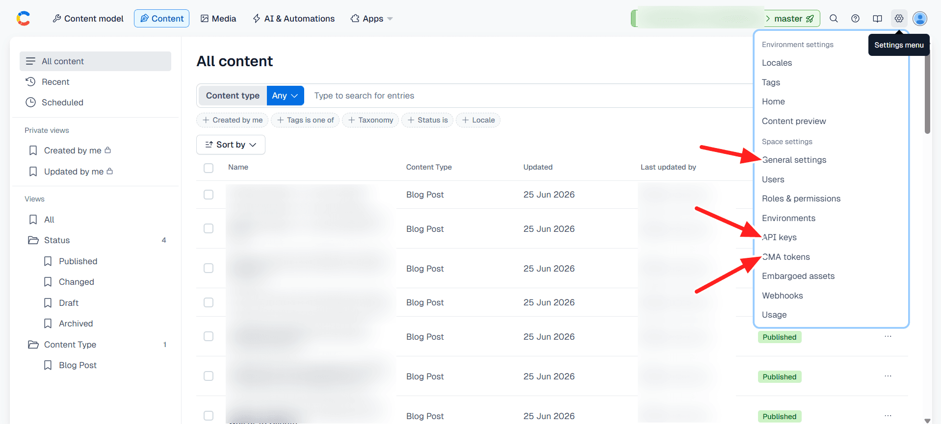 Contentful, the Settings menu showing General settings, API keys, and CMA tokens